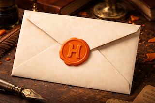 Envelope clearly inspired by an Hogwarts acceptance letter sealed with a bright orange wax seal featuring a simple H style emblem in HubSpot brand or-1