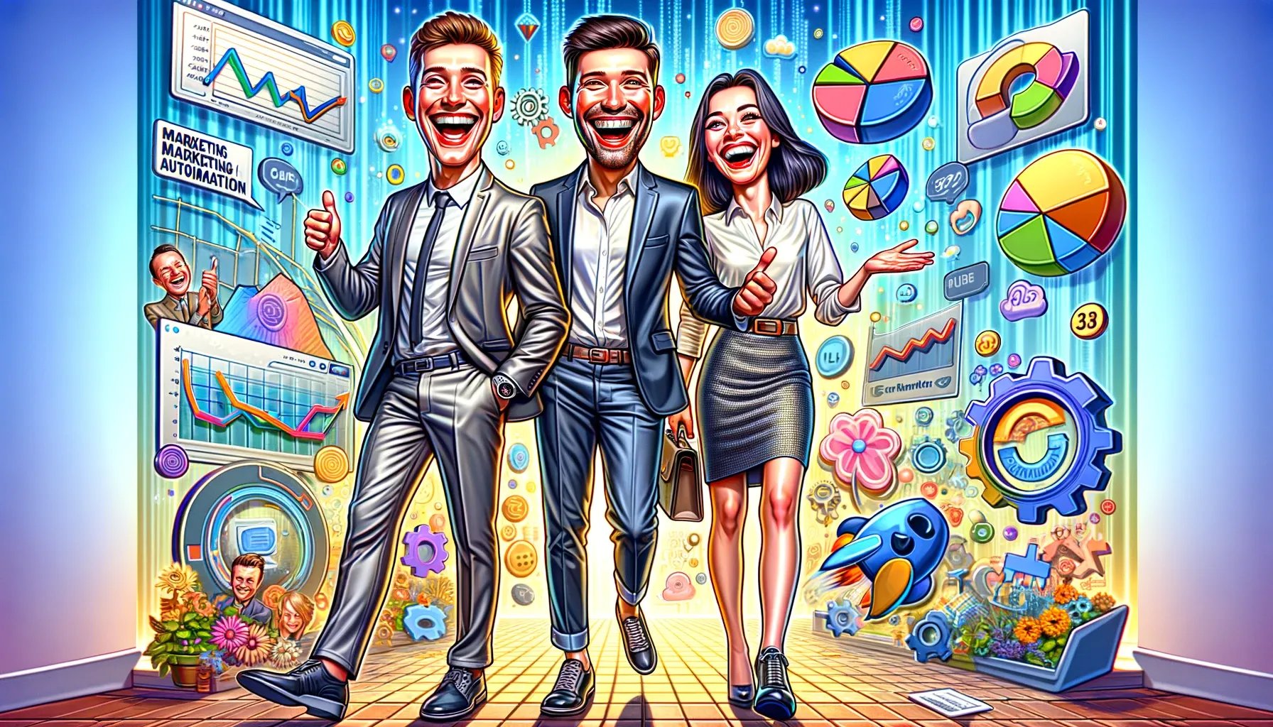 DALL·E 2023-12-29 22.39.08 - A caricature-style illustration featuring two men and one woman, all dressed in business casual attire, joyfully discussing marketing automation in a