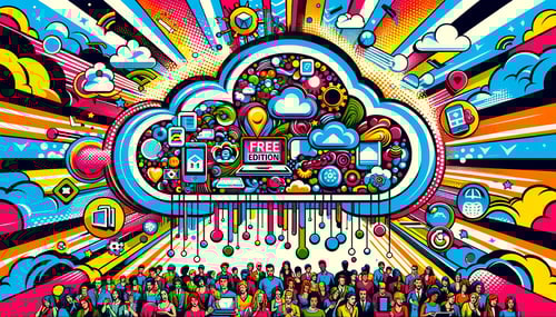 DALL·E 2023-12-31 23.21.25 - A wide pop art style image representing a cloud-based free edition service. The composition is lively and colorful, with bold, vibrant colors typical