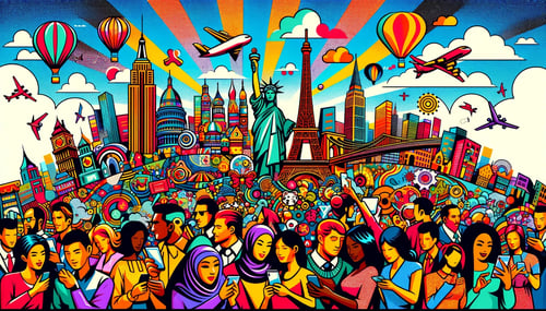 DALL·E 2023-12-31 23.27.40 - A wide image with a more pop art style, depicting a service used globally by a diverse range of people. The image should be vibrant and colorful, feat
